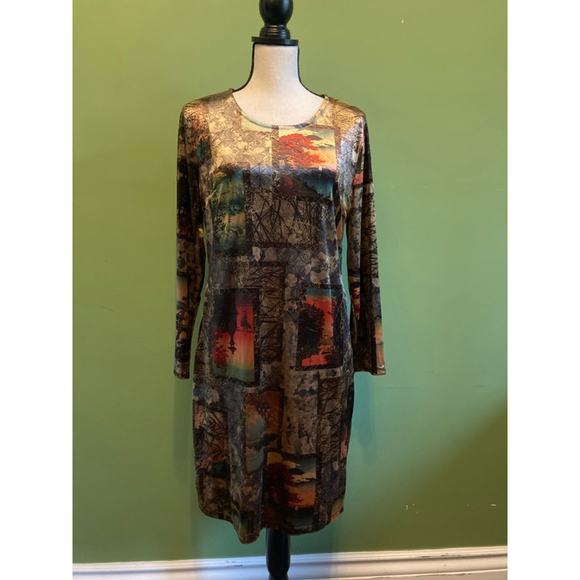 Unbranded Dresses & Skirts - Women's Velvet Long Sleeve Dress L Brown Orange Abstract Print